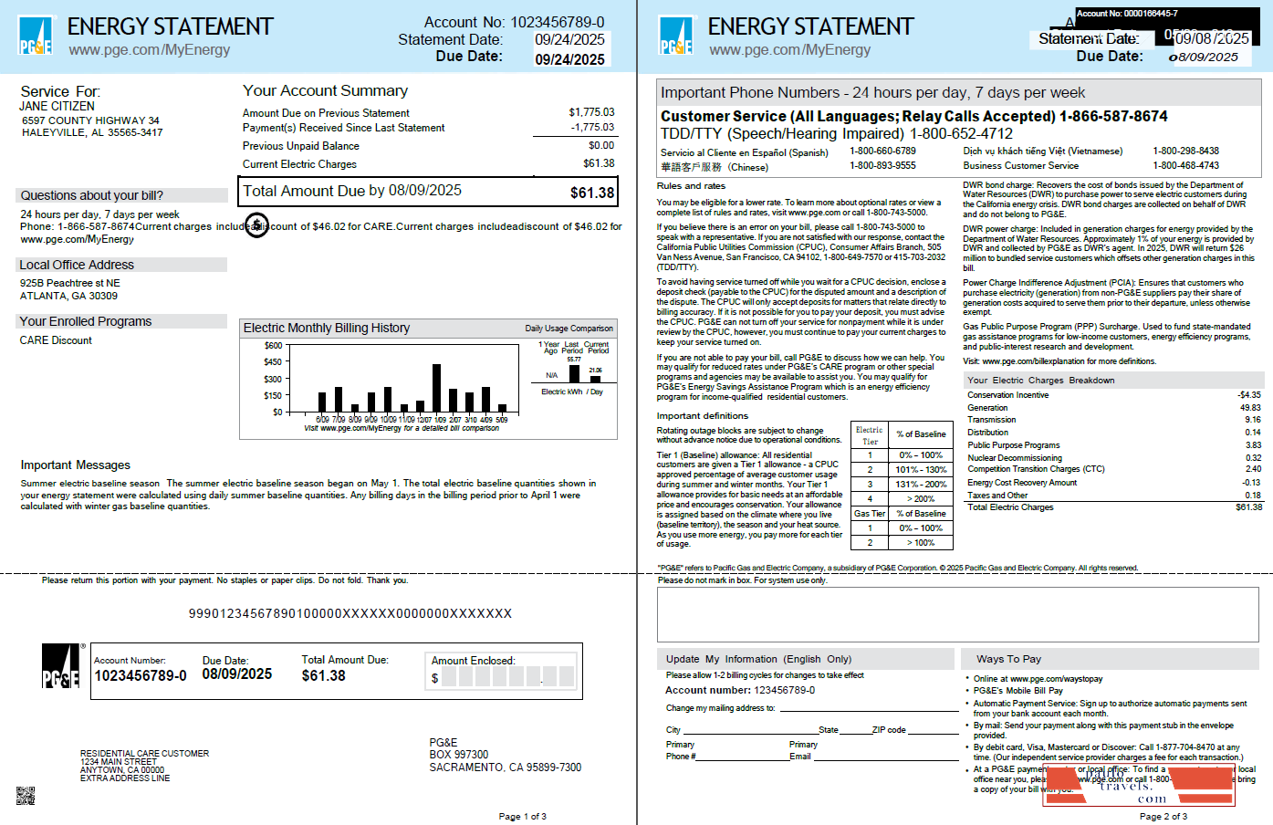 USA PG&E utility bill template in Word and PDF formats, 3 pages, 1 2 pages